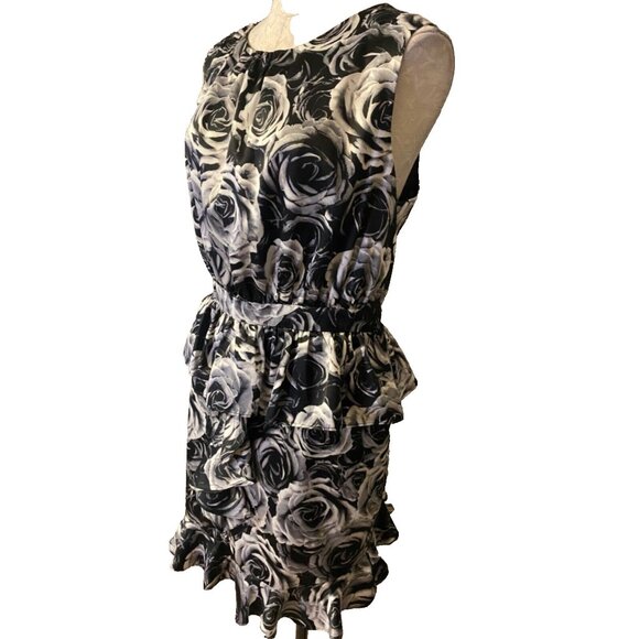 Kate Young Dress 16 Black Ivory Gray Floral Peplum Sheath Washable Faux Silk - Picture 4 of 11